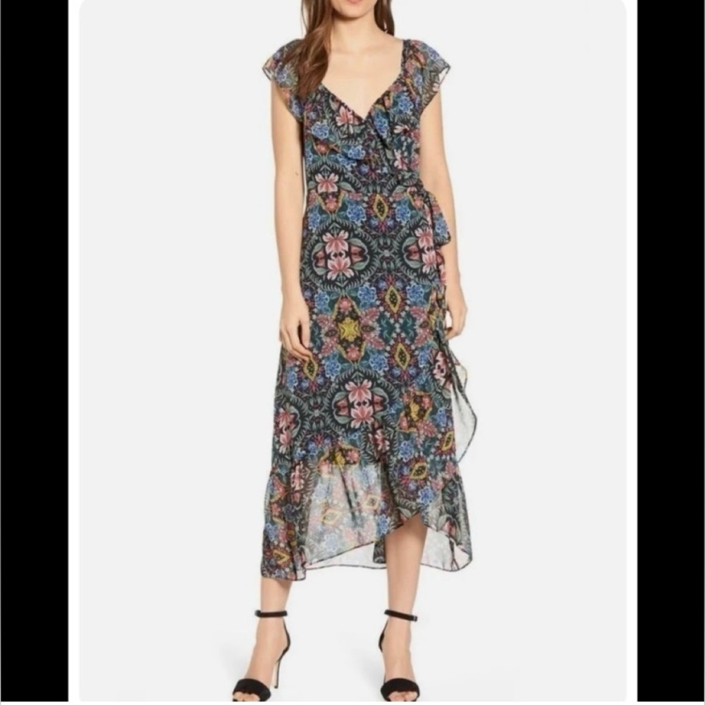 Rebecca Minkoff Jessica Ruffled Floral Midi Black Green Blue Wrap Dress Size S